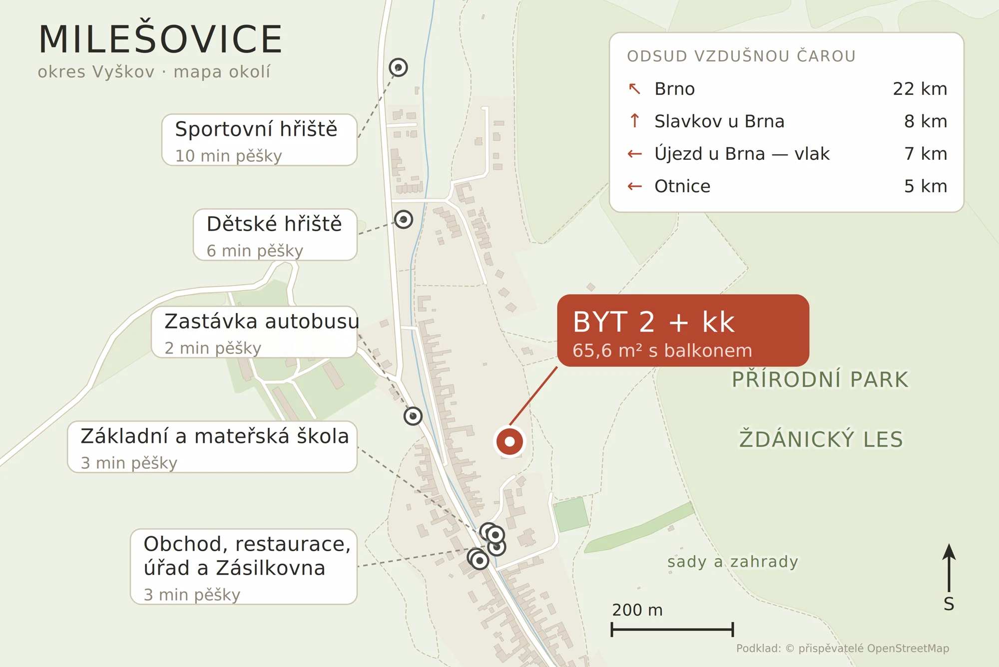 Mapa Milešovic s vyznačenou polohou bytu a vzdálenostmi do okolí