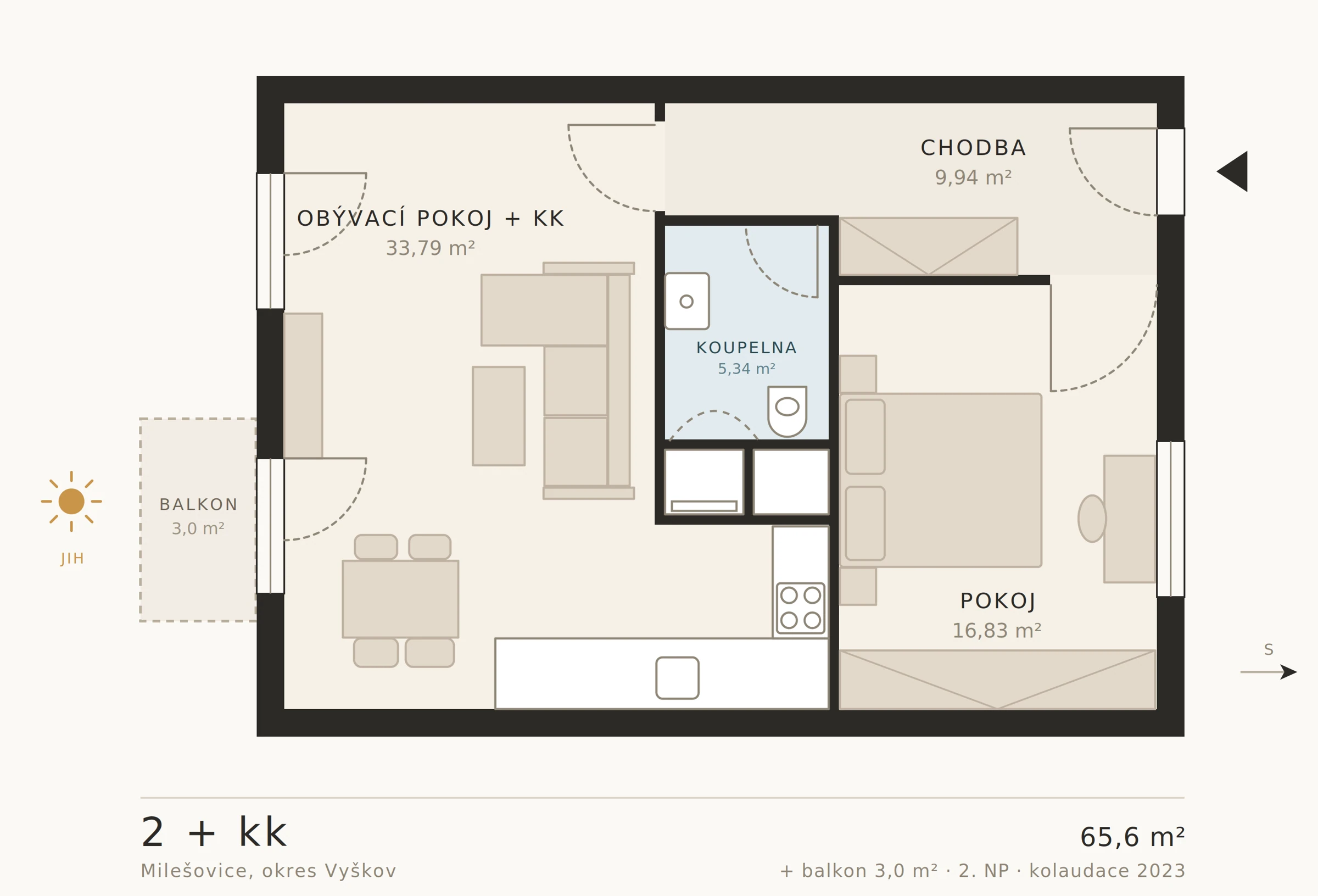 Půdorys bytu 2+kk: obývací pokoj s kuchyňským koutem 33,79 m² orientovaný na jih, pokoj 16,83 m², chodba 9,94 m², koupelna s WC 5,34 m² a balkon 3 m²